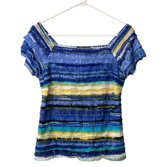 Bali Ruffled Top Striped Blouse Square Neck Blue Yellow M/M - Picture 1 of 5